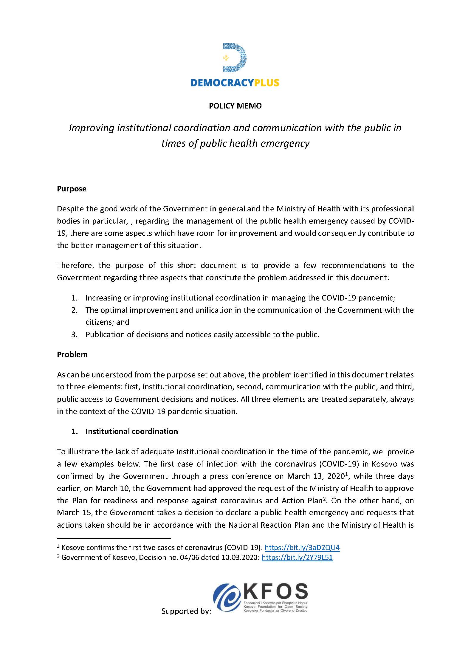 Improving institutional coordination and communication with the public in times of public health emergency